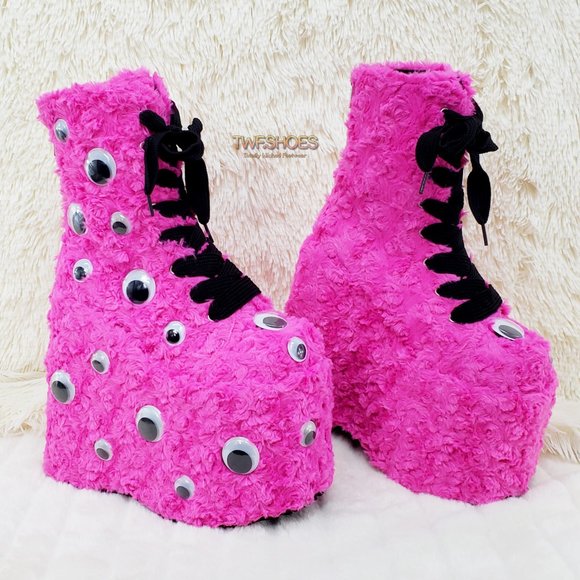Hot Pink Furry Platform Monster Punk Ankle Boots - Picture 7 of 10